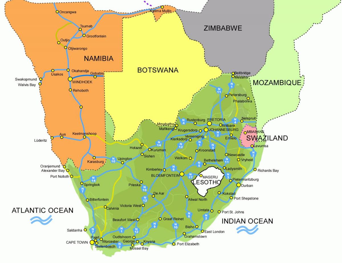 карта Лесота і Паўднёвай Афрыцы